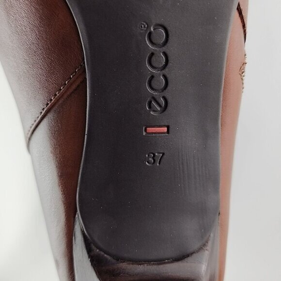 ECCO Tall Tan Brown Leather Heeled Boots Strap  Buckle Zip Feature Size 37 - Picture 15 of 16